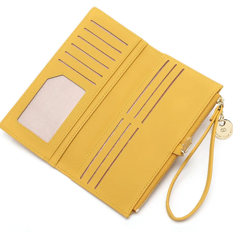 Женский кошелек тонкий кожаный однотонный большой вместимости желтый красный