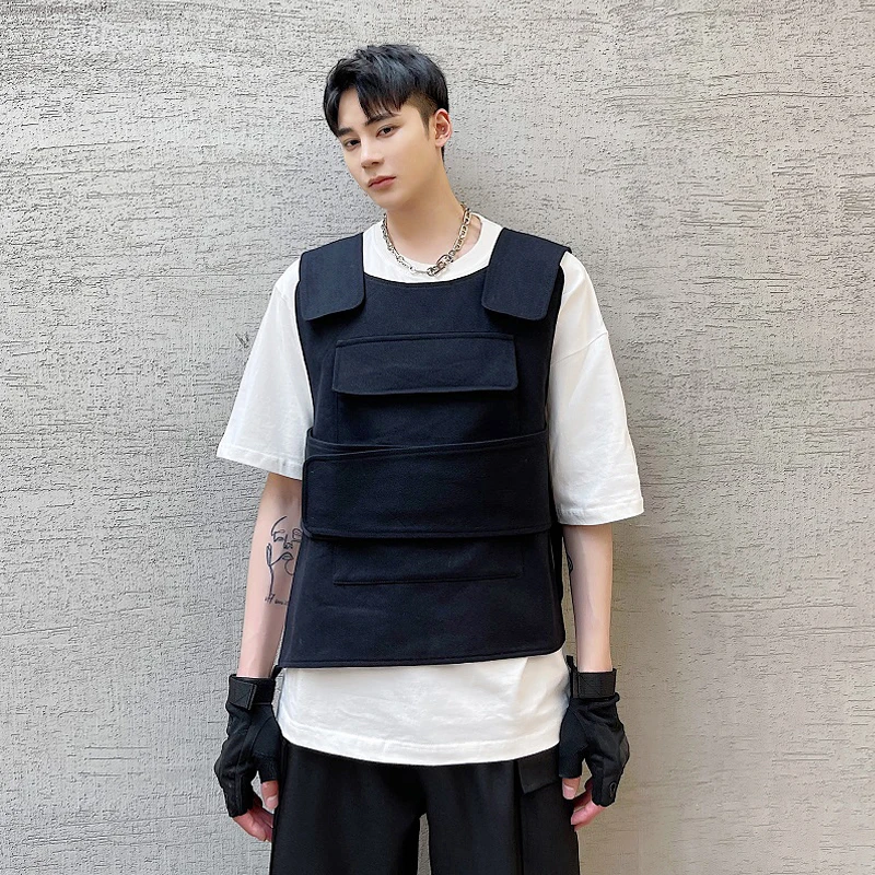 

Men's Sleeveless Vest Black Slim Jacket Fashion Trend Large Summer Personalized Velcro Loose Minority Vest Fashion Men's Jacket
