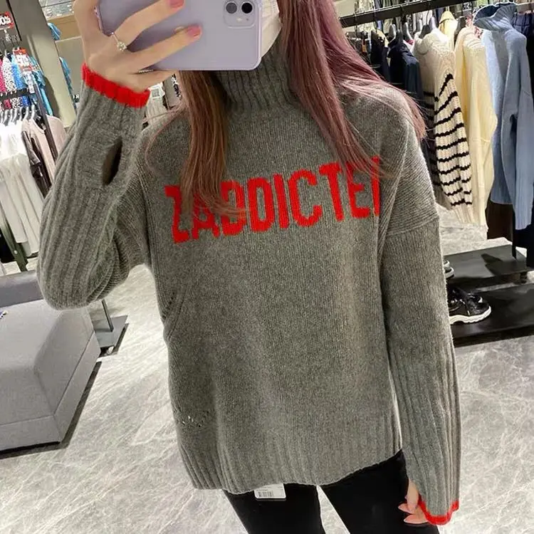 

100% кашемировый женский свитер 2020 Осень/Зима Новый Свободный вязаный свитер с высоким воротником и надписью женский модный пуловер