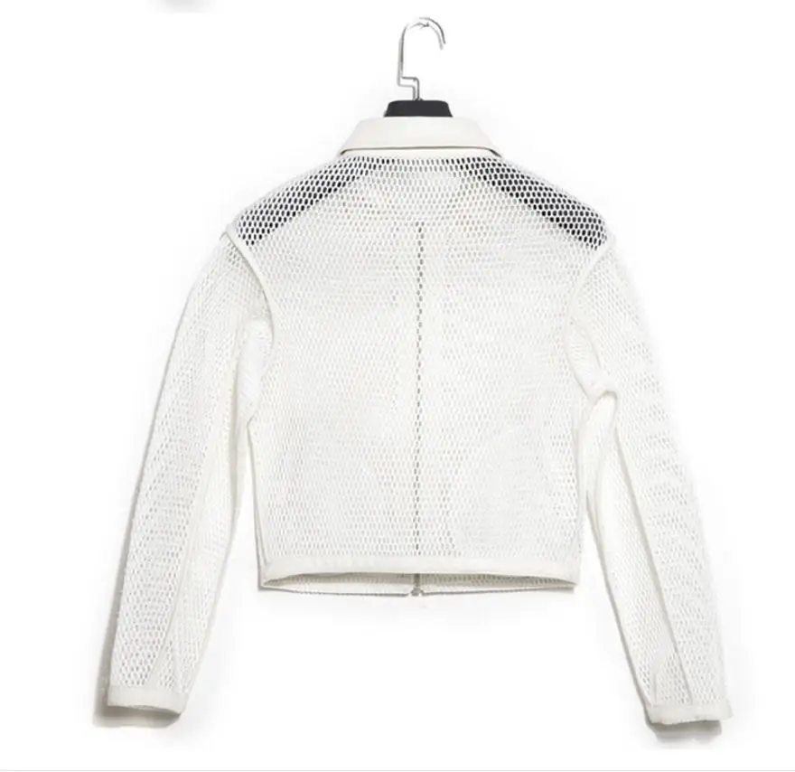 

2020 spring turn dow collar pu stitching eyelet hollow cut short style jacket female fashion brand great quality jacket wj2124