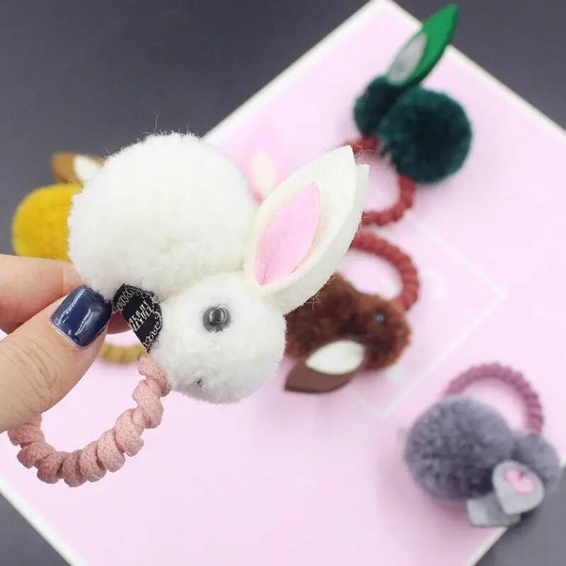 Bola de pelo de animal para ni&ntilde;a, anillo de pelo de conejo, banda de goma el&aacute;stica, bandas para el pelo coreanas, accesorios para el cabello, adornos-3