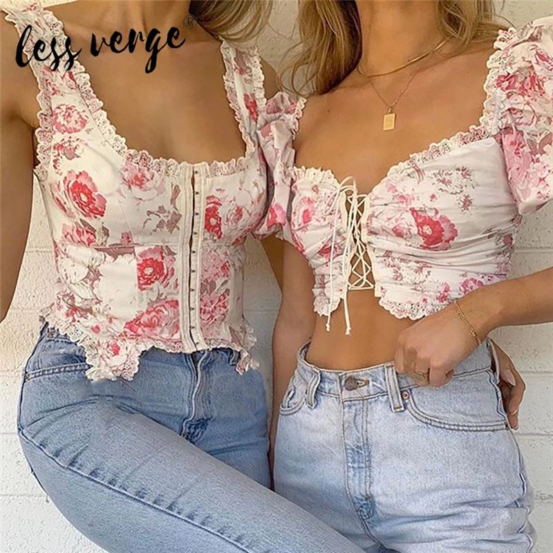 Женский укороченный топ со шнуровкой Lessverge Винтажная Футболка с рукавами