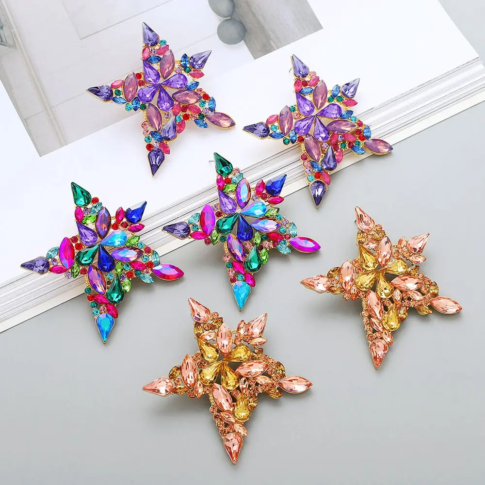 

New Colored Crystal Glass Big Star Earrings For Women Stud Sexy Party Banquet Oversize Exaggerated Fashion Jewelry Accessories