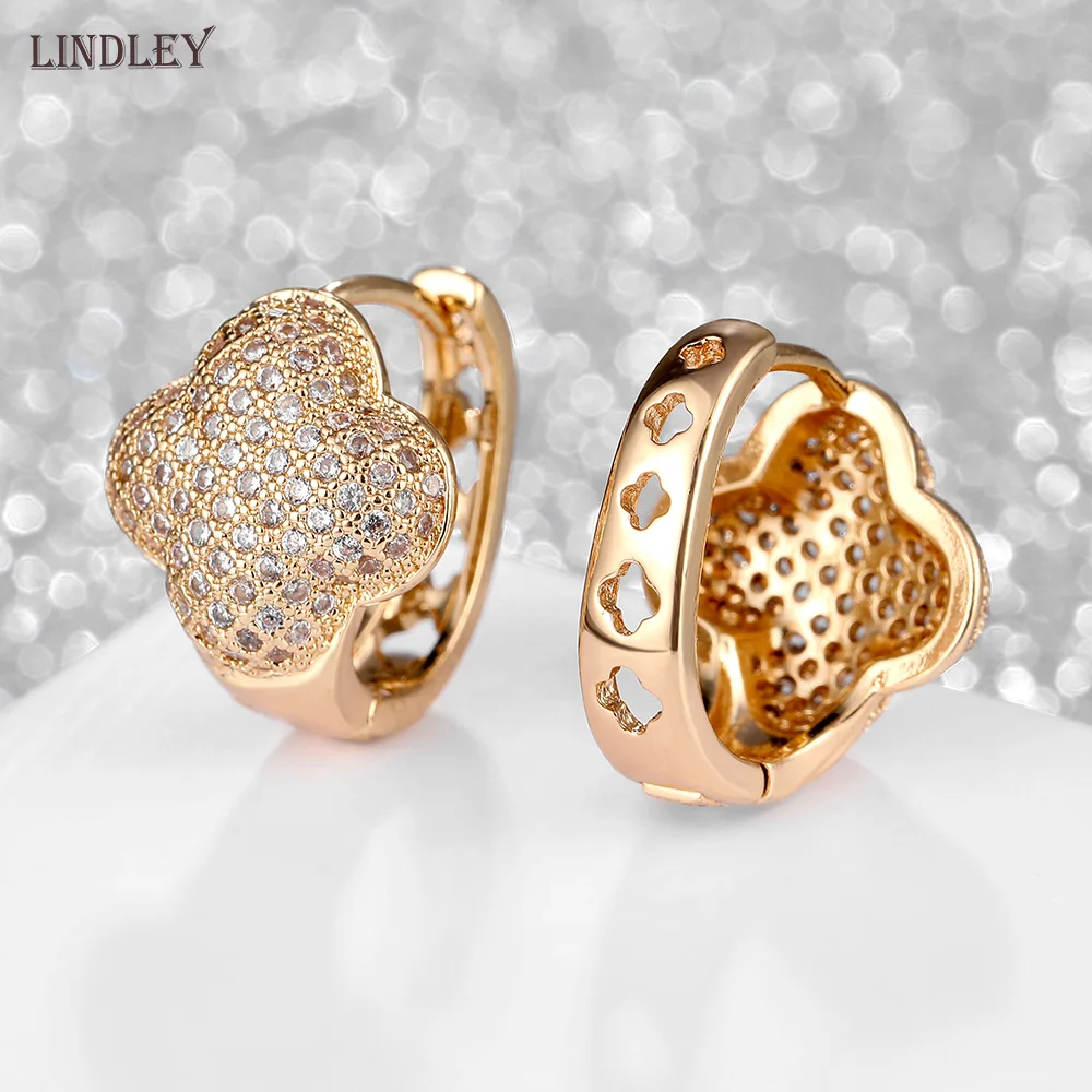 Женские серьги гвоздики LINDLEY круглые из розового золота 585 пробы с четырехлистным