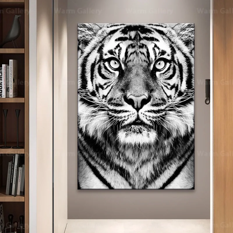 Настенная Картина на холсте Черный Белый Тигр фото скандинавские плакаты и