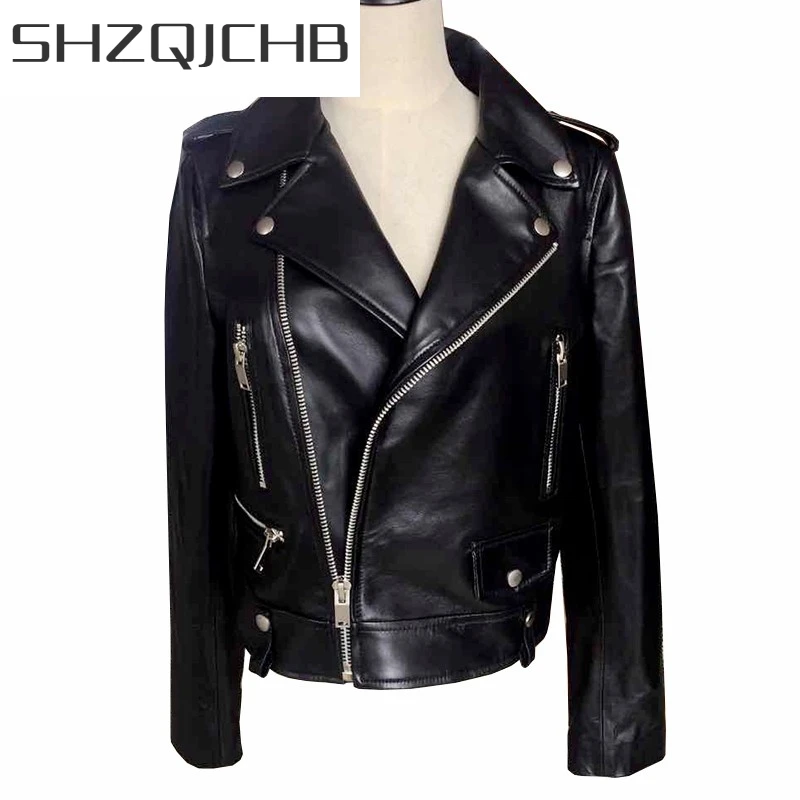 

JCHB 2021 Fashion Autumn New Women Short Genuine Leather Jacket Punk Heart Rivets Slim Female Biker Outwear Coat Sheepskin Jack