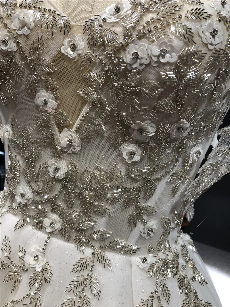 2021 Newest High Quality Real Sample Ivory Sweetheart Strapless A-line Heavy Silver Beadings Floor Length Wedding Dress
