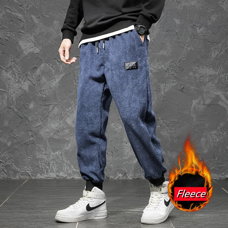 

Plush Thick Men'S Corduroy Harem Pants Korean Fashion Loose Stretch Straight-Leg Fleece Warm Cropped Trousers Male Brand Clothes