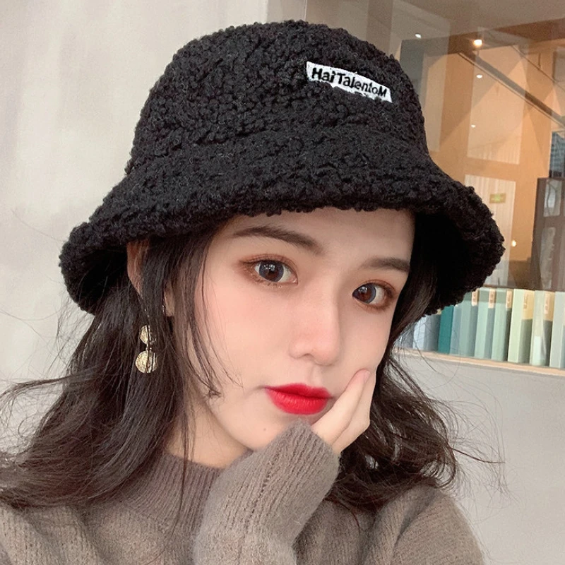 

Winter Panama Bucket Hat Lamb Wool Fashion Girls Beanies Outdoor Travel Basin Fisherman Student Warm Thickened Skullies Lady