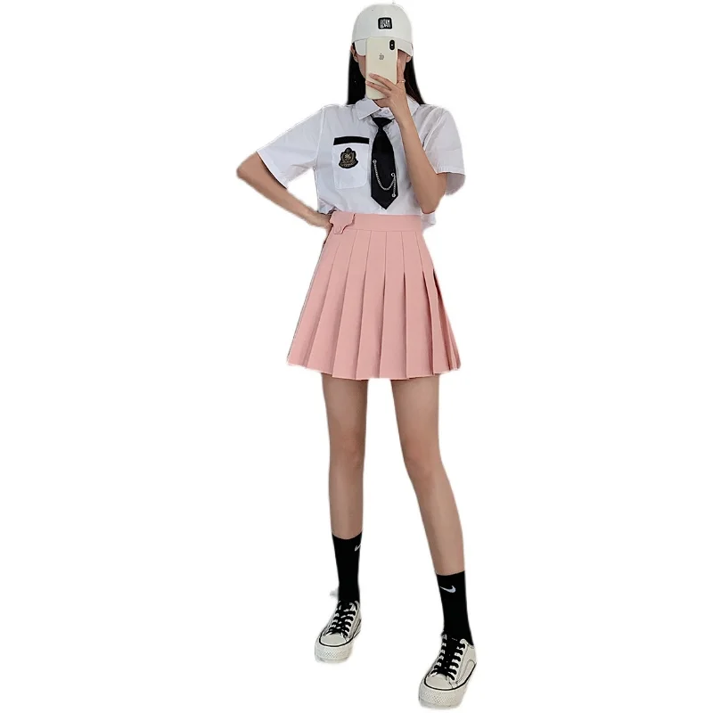 

2021 Pleated Skirt Female Summer Style American Retro High Waist Slimming Short Skirt Solid Color A-line Skirt with Safety Pants