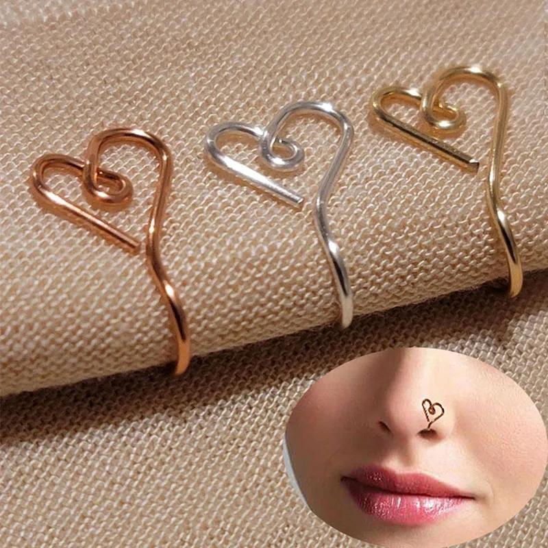 

1pc Heart Shape Nose Ring Gold Color Copper Wire Spiral Fake Nose Piercing Ear Clip Cuff Punk Women Body Jewelry Gift