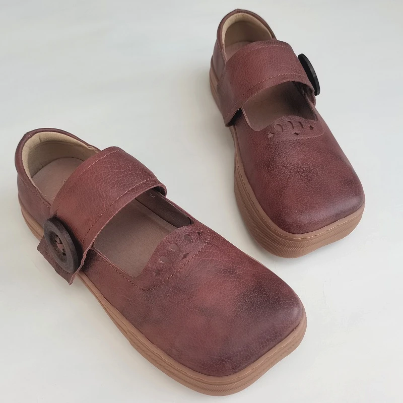 Careaymade-Genuine Leather art square head hand sewn women's shoes casual soft thick soled original leather single shoes,3 color