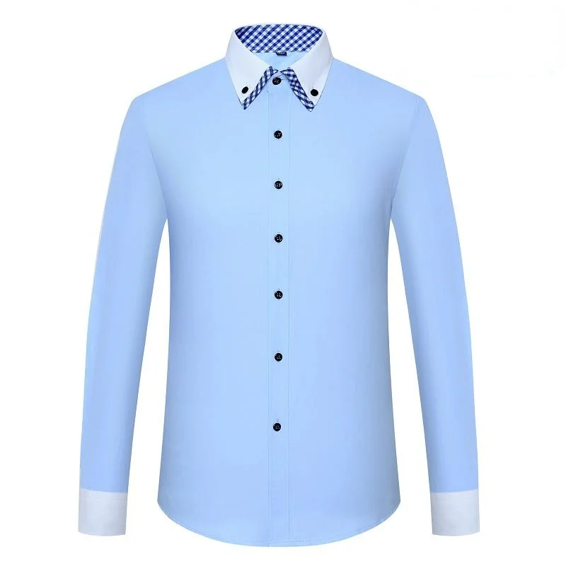 Men's Casual Shirts Long Sleeve Tops Autumn White Shirt Business Double-Layer Collar Korean Fashion Shirt Men Retro Clothes Blue