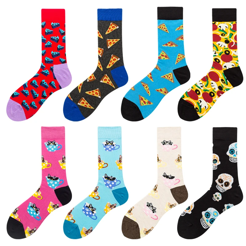 Мужские хлопковые носки с надписью Happy Socks еда пицца Сырная чашка Кот крутые