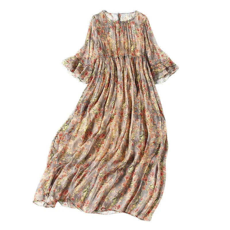 

Summer mid-sleeved yellow mid-length skirt high-waisted cover-up loose-waisted silk silk print temperament commuter dress