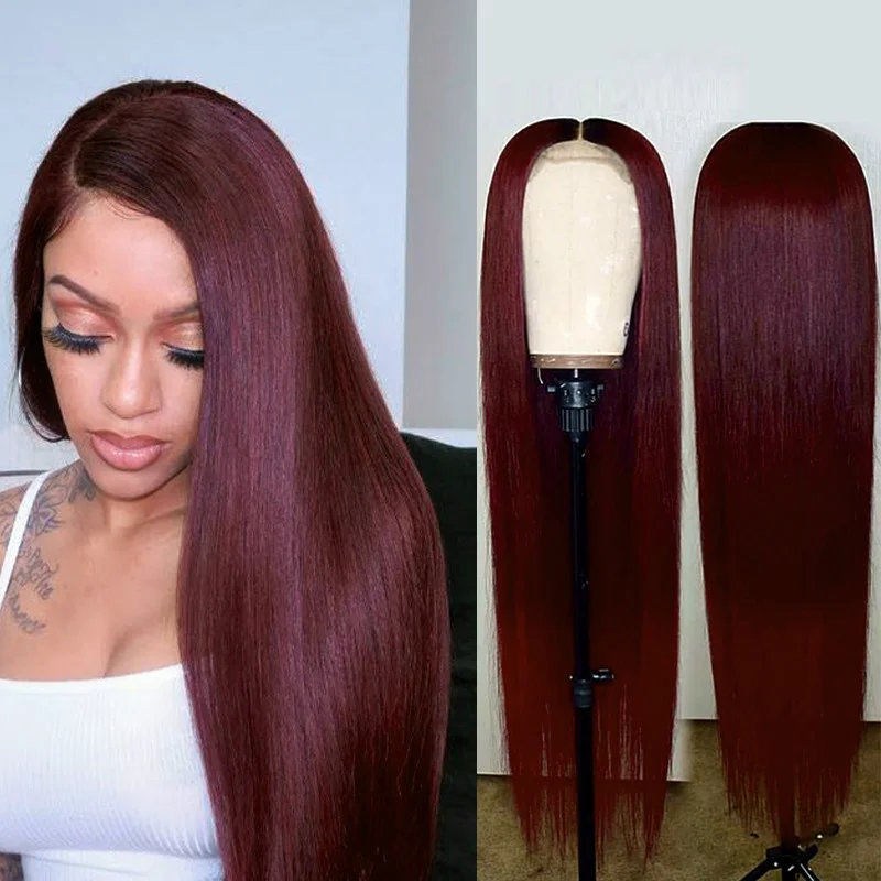 

Wig female long straight hair wine red dyeing chemical fiber headgear merchant Synthetic wig
