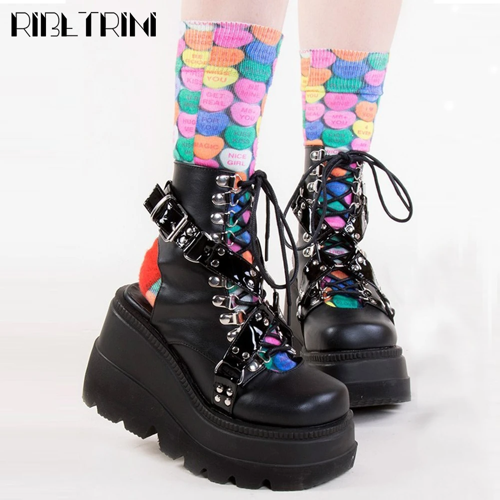 

Big Size 43 Platform Wedges Cover Toe Summer Ankle Boots Women Lace Up Buckle Goth Sandals Punk Black Hollow Cutout Shoes Ladies