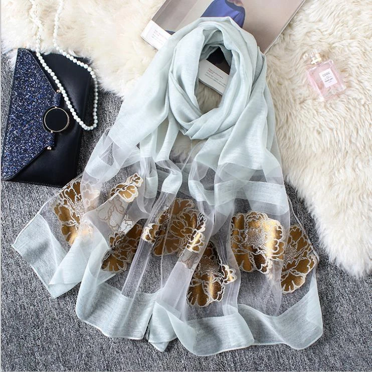 

Spring Organza Jacquard Embroidery Silk Scarf Women Wraps Shawls And Scarves 180*70cm Hijabs Sunscreen Beach Cover Up