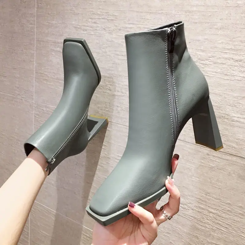 

Women's high heels short boots women 2021 new skinny boots winter Martin boots square toe thick heel nude boots women