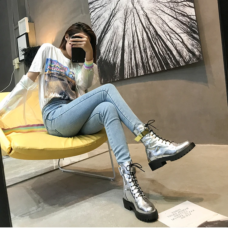 Botas Mujer/ г. Женская обувь зимние мотоциклетные ботинки черного и серебристого цвета женские ботинки на шнуровке с круглым носком женская обувь scarpe donna