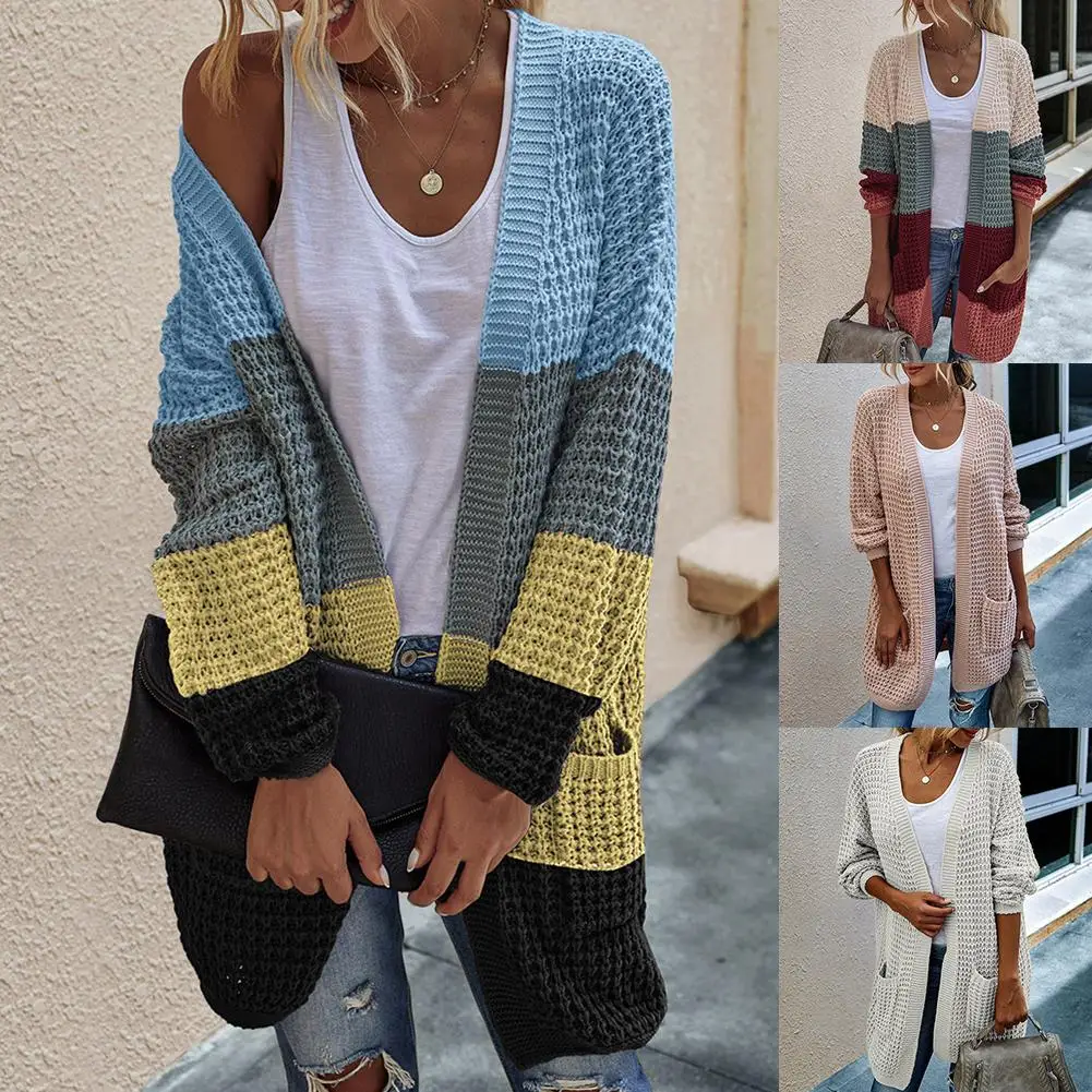 

Autumn Knitted Cardigan Women Sweaters Open Front Knit Cardigan Solid Color Block Striped Sweater Long Outerwear Women Cardigan