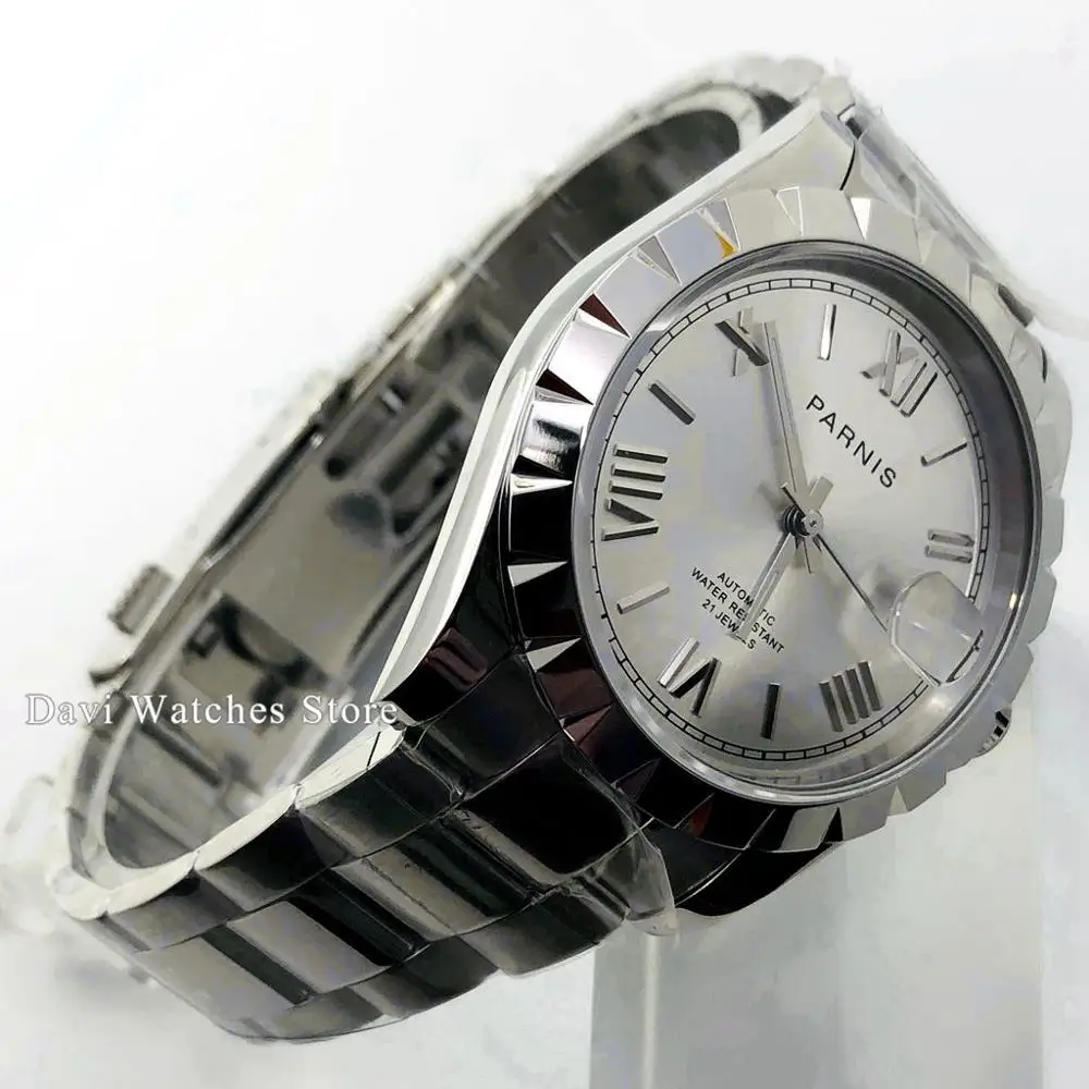 Мужские часы Parnis 39 мм серебристый чехол сапфировое стекло серебристые