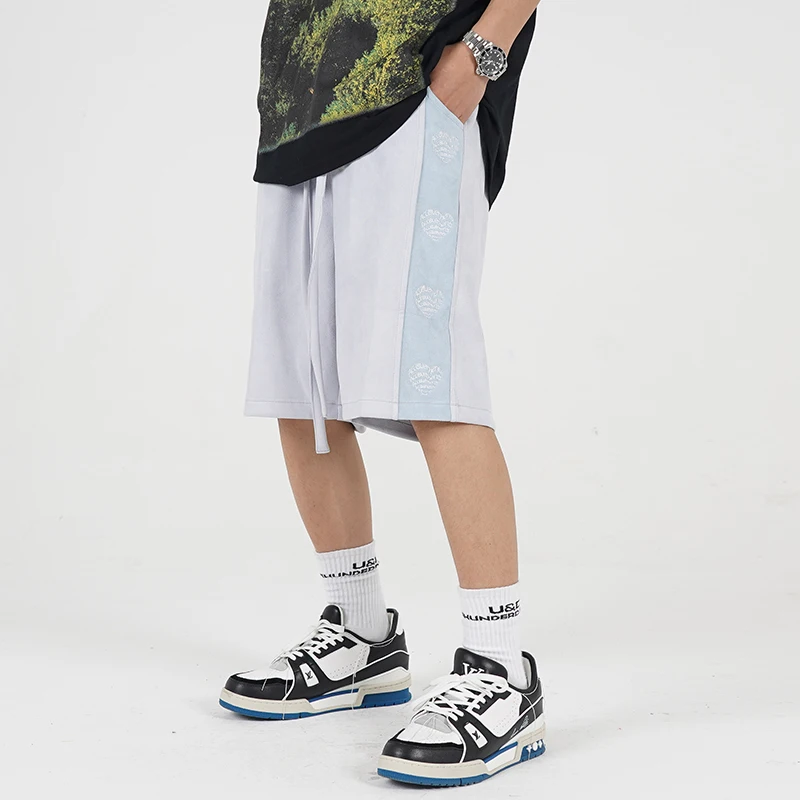 

Suede Side Love Pattern Embroidery Summer Shorts Mens and Womens Elastic Waist Wide Leg Oversize Casual Five Point Pants