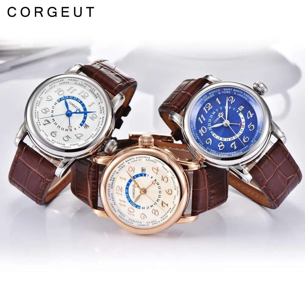 

Corgeut 43mm Mechanical Watch Luxury Brand Fashion Leather Dual time zone GMT Automatic Men Watch Leather Mechanical Wrist Watch