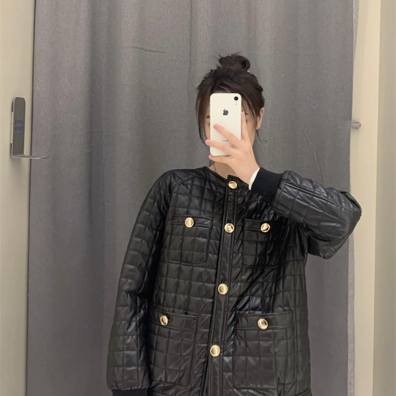 

YOSIBCD Women 2021 Fashion With Metal Buttons Faux Leather Loose Jacket Coat Vintage Long Sleeve Pockets Outerwear Chic Tops