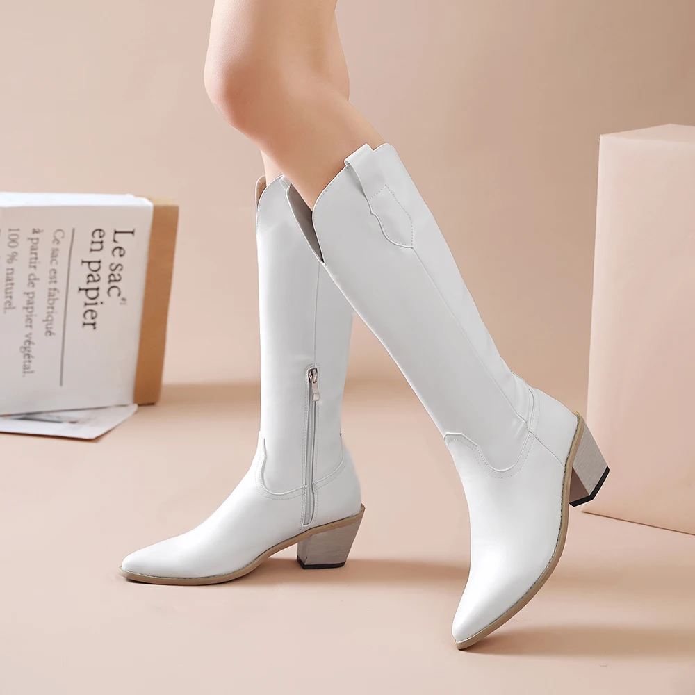 

Kickway Western Boots Women Knee High Cowboy Boots Fashion Pointed Toe Sewing Shoes Female High Heels Thick Shoes Ladies Autumn