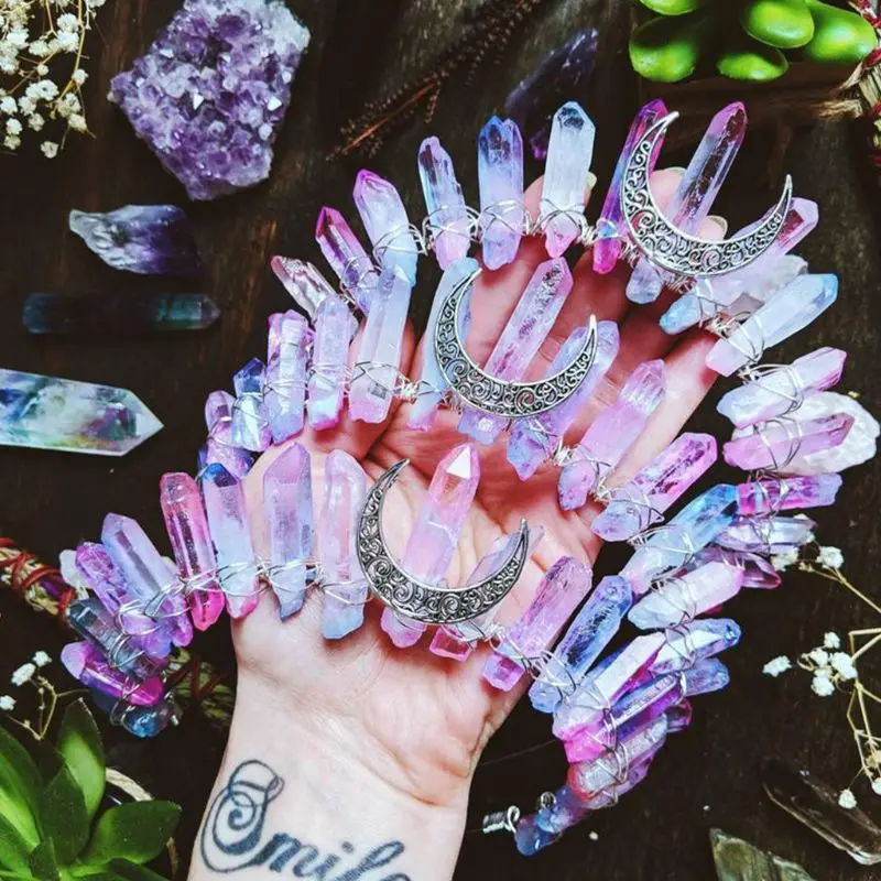 

Boho Handmade Bridal Tiara Crown Faux Raw Crystal Rainbow Colorful Aura Headband 50PF