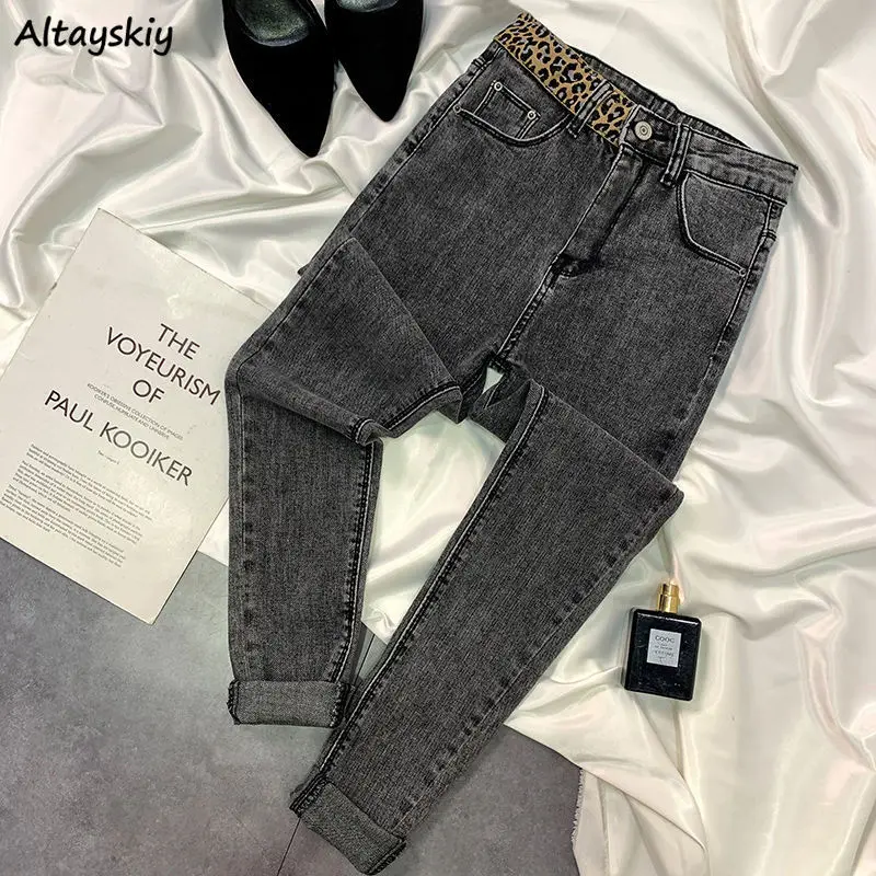 

Женские джинсы-карандаш с леопардовой подкладкой, узкие универсальные узкие джинсы длиной до щиколотки для отдыха и студентов, уличная оде...