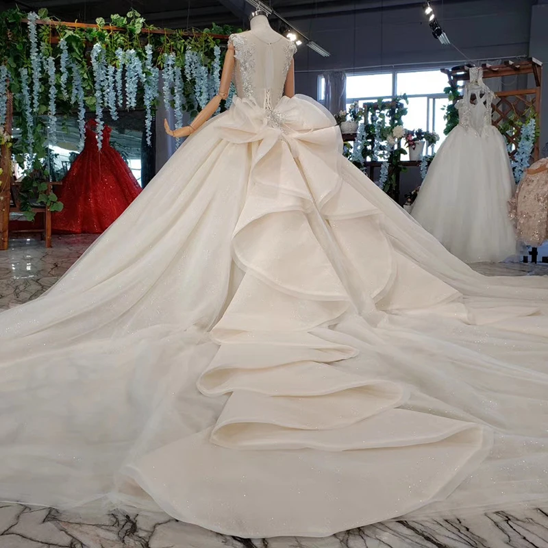 HTL970 Бальные Свадебные платья с оборками со шлейфом и круглым вырезом без рукавов