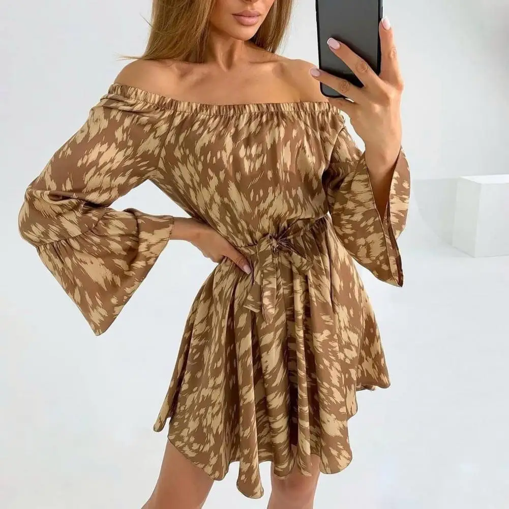 

Women Dress Elegant Dress Flare Sleeve Printing Off Shoulder High Waist Elegant Dress Women Flare Sleeve Printing Dress 2021