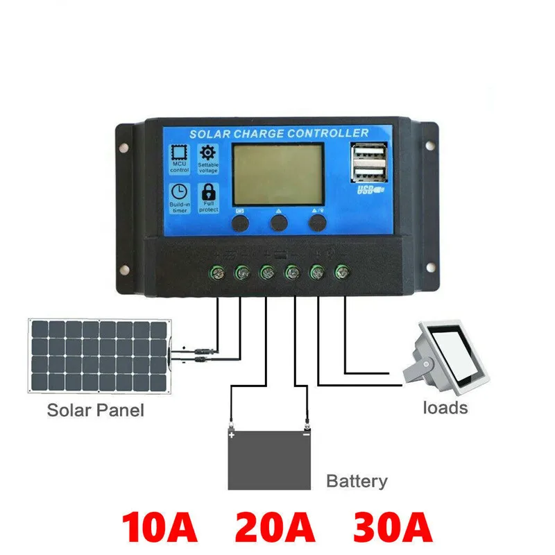 10A 20A 30A PWM Панели солнечные контроллер заряда 12/24V автоматическая работа Батарея