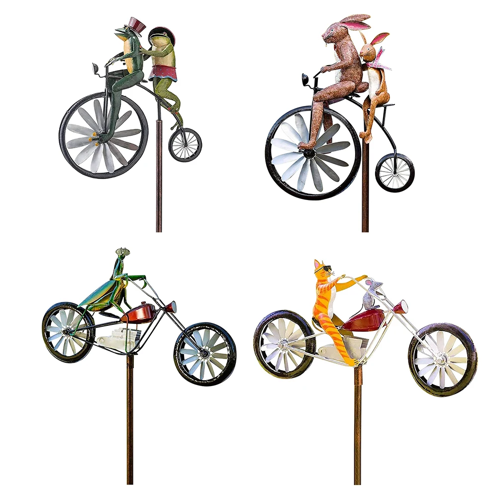 

Animal Bicycle Windmill Gardening Landscape Metal Wrought Iron Stake Windmill Inserted Riding Motorcycle Wind Spinner Handicraf