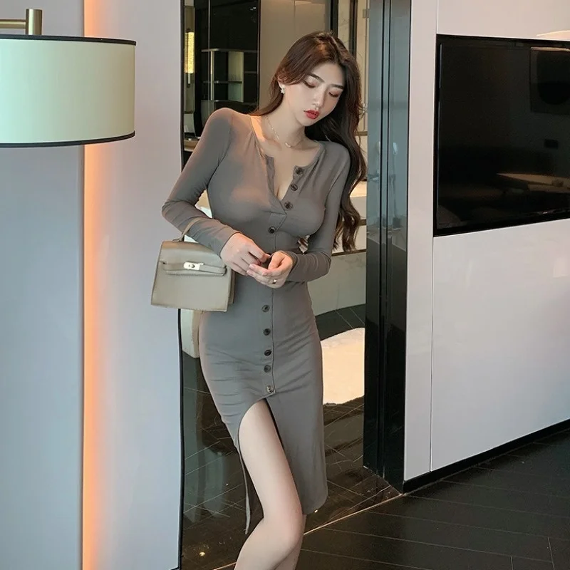 

Elegant Side Slit Open Leg Dress Women's Spring and Autumn Knitted Slimming Drawstring Sexy Tight Button Inner Wear Dress