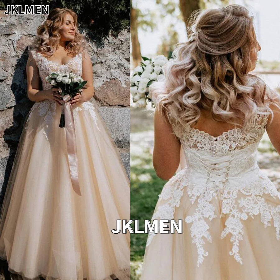 

V-neck Lace Applique Cap Sleeve Long Elegant A-line Wedding Dress with Lace-up Pearls Champagne Bridal Dress Vestido De Novia