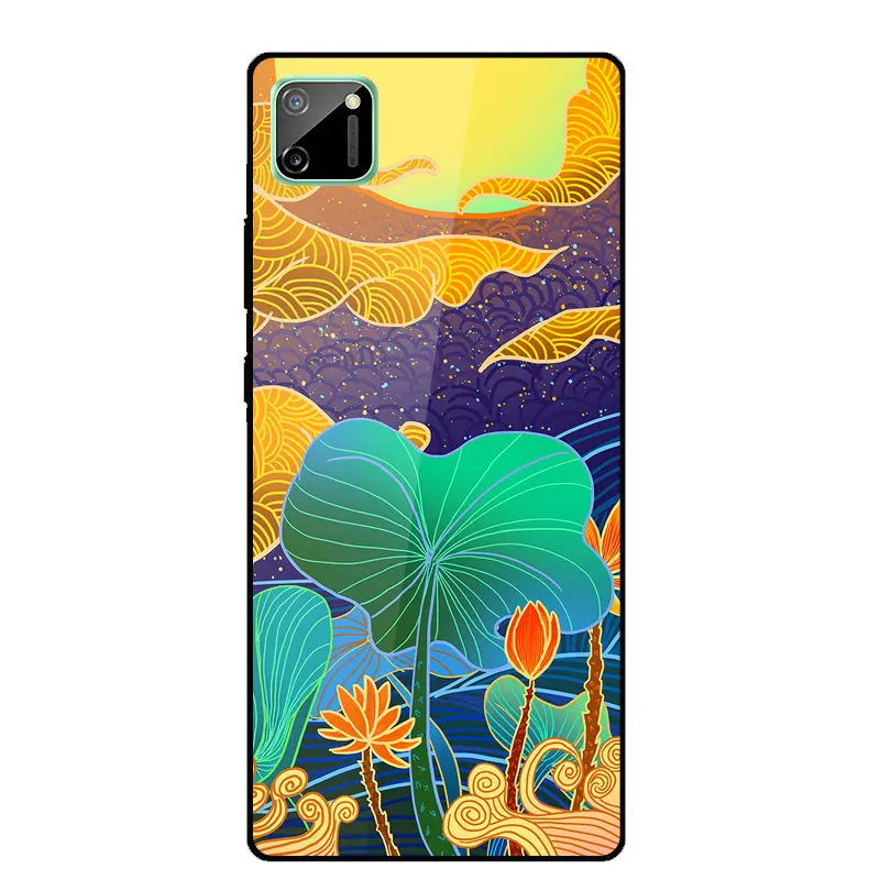 

Case For Realme C11 C15 C2 X50 Painted Tempered Glass Hard Back Cover For OPPO Realme V3 Q2i V5 K7X Soft Silicone Bumper Cover