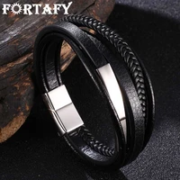 fortafy trendy stainless steel black leather bracelet for men charm wristband multilayer male braided bangles jewelry fr1077