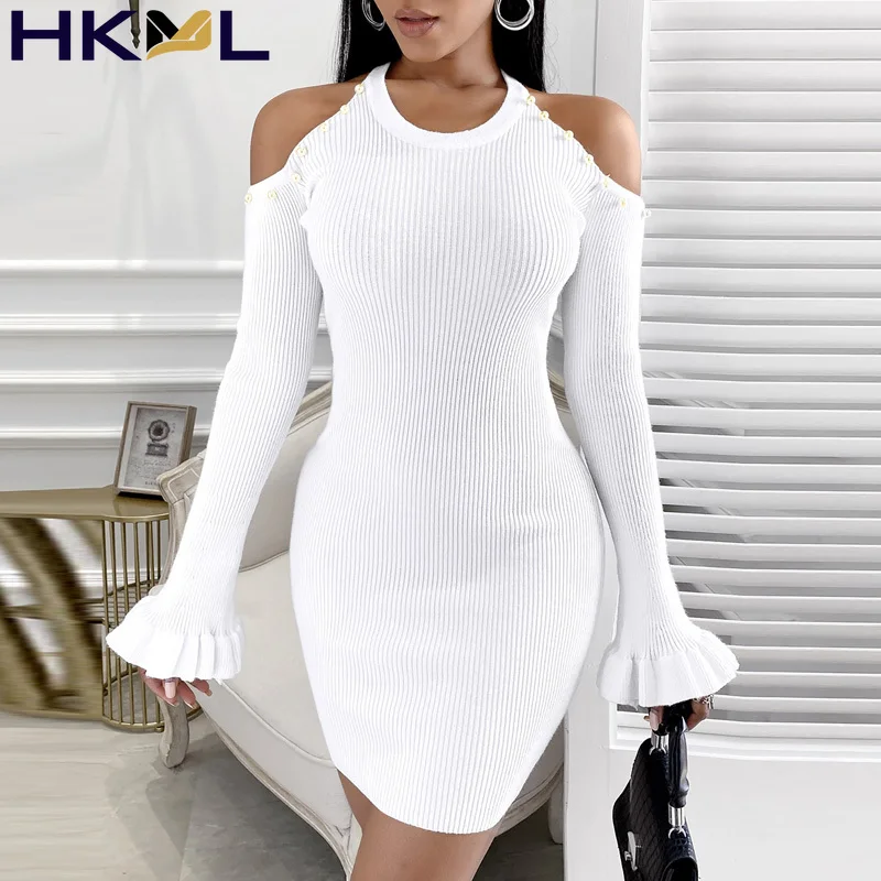 

Spring Autumn Women Dress O Neck Solid Long Sleeve Ruffle Off Shoulder Beading Rib Knitted Slim Bodycon Office Party