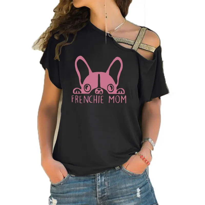 Summer Frenchie Mom Fashion French Bulldog Print T Shirt Women Short Sleeve T-shirt Irregular Skew Cross Bandage Tee Tops | Женская