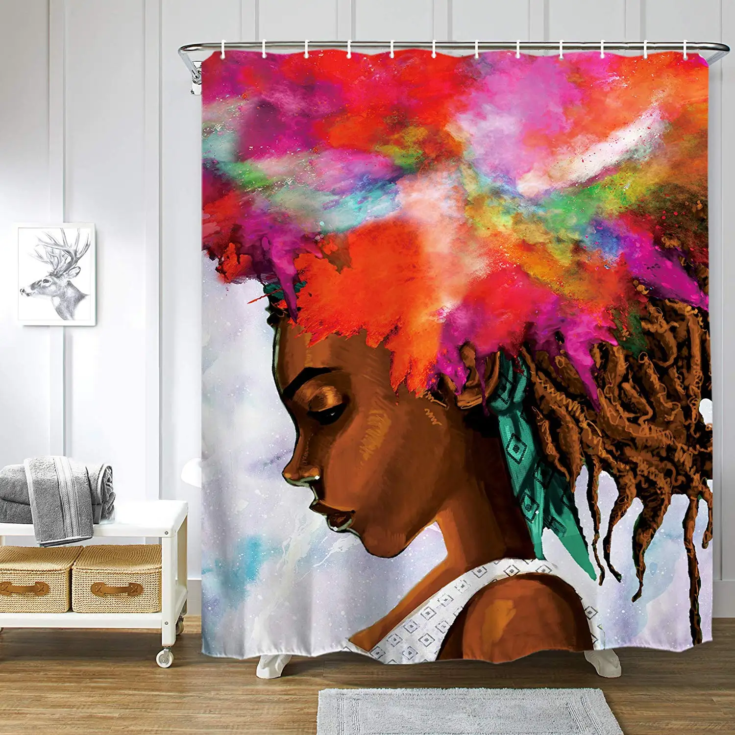 

African American Girl Waterproof Polyester Afro Hippie Black Girl Shower Curtain