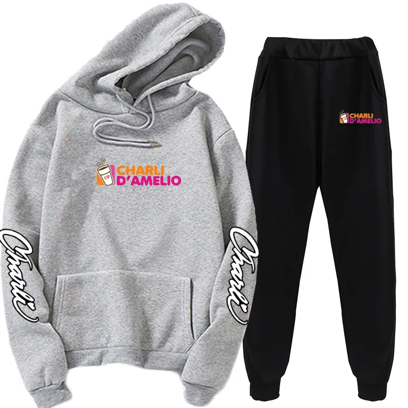 

Autumn/Winter Korean Hoodie Trendy Style Charli D'Amelio Printed Loose Spring/Autumn Hood + Pants Set