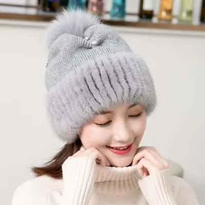 light grey Glaforny Женская однотонная норковая меховая шапка зимняя Корейская версия вязанная шапка Милая Джокер норковая утолщенная шерстяная шапка - Цвет: light grey