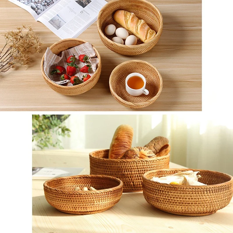 

Hadewoven Round Rattan Fruit Basket Wicker Food Tray Weaving Storage Holder Dinning Room Bowl (3-Size Kit)