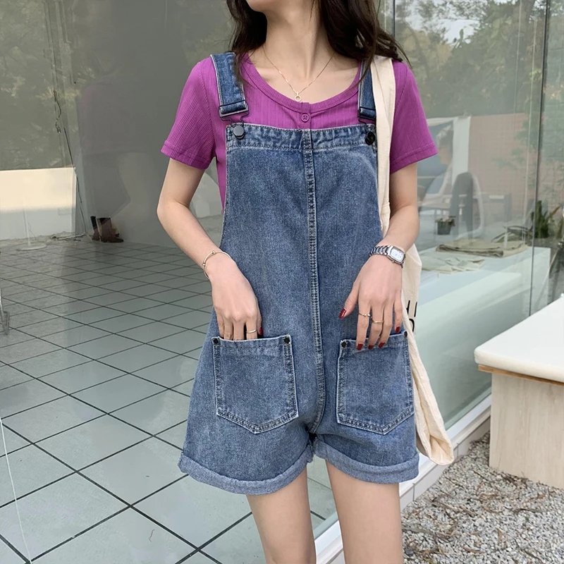 

Crescent City Retro Denim Suspender Pants Women's Spring 2021 Korean Style Loose Small Versatile Curl Wide Leg Shorts