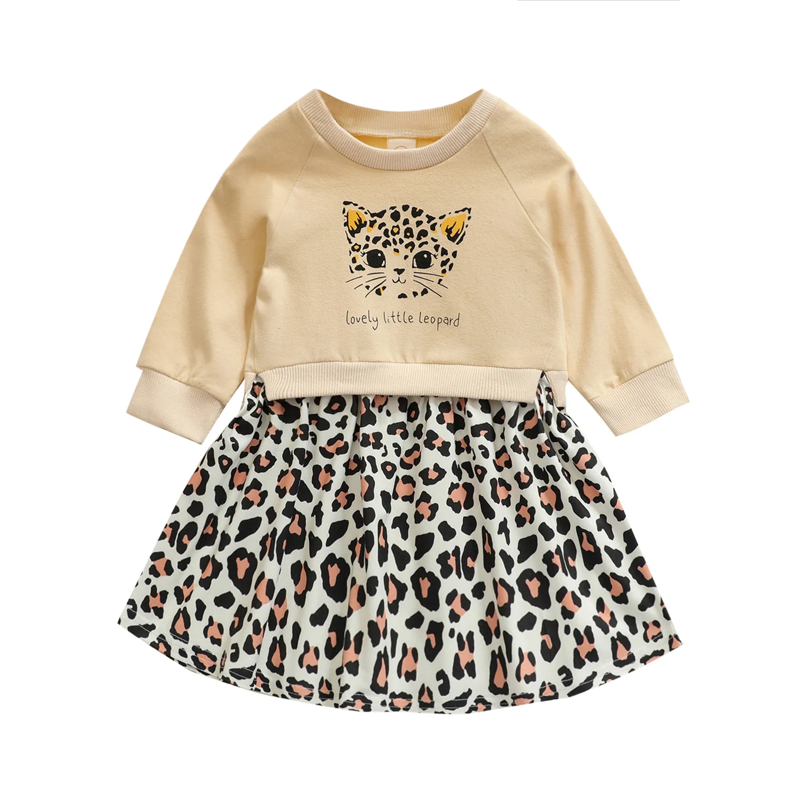 

Infant Kids Girl’s Casual Long Sleeve Dress Fashion Letter Leopard Stitching Round Neck A-line Princess Dress