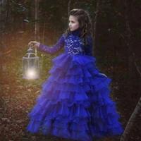 royal blue girls pageant dresses for weddings ball gown long sleeves organza lace long flower girl dresses for little girls