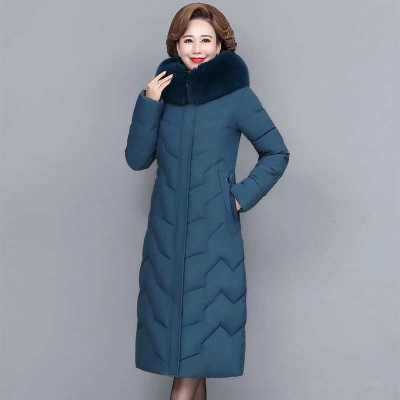 2022 New Middle-aged Women Winter Jacket Hooded Fur Collar Warm Long Parkas Female Thicken Cotton Padded Coat Woman Outwear